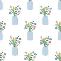 Cute beautiful flowers in a glass jar Vector seamless pattern in a flat style on a white background Floral decorative wallpaper