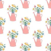 Cute beautiful flowers in a pink watering can Vector seamless pattern in a flat style on a white background Floral decorative wallpaper