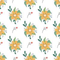 Beautiful cute yellow flower with decorative plant elements on a white background Vector seamless pattern in flat style Floral decor wallpaper