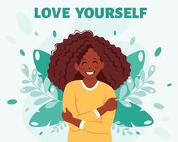 Love yourself concept Black woman hugging herself vector