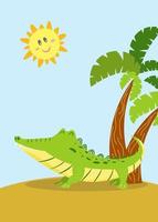 Cocodrilo lindo divertido se encuentra en la arena bajo el sol cerca de una ilustración de vector de palmera en concepto de diseño de estilo de dibujos animados sobre vacaciones de verano para diseño infantil