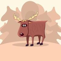 Cute cartoon elk with horns in the background a simple forest landscape with trees Wild animal moose on the background of the forest Vector illustration in muted colors