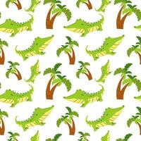 Seamless pattern with cute cartoon crocodile and palm tree Endless texture with alligator and wood for kids design Vector illustration