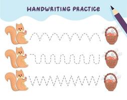 Handwriting practice for preschool children Tracing lines with colorful squirrel and a basket of mushrooms Educational kids game Worksheet for kids vector