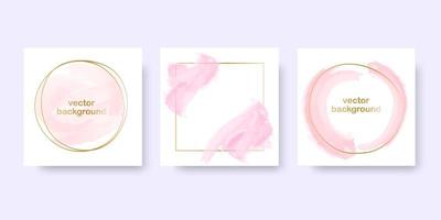 Rose gold background for the banner Set of round and square gold frames with pink pastel brush elements Vector illustration