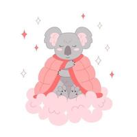 Koala covered herself with a blanket and sleeps on a cloud Baby animal illustration for nursery vector