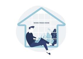 Hombre sentado en una casa con una computadora portátil en su mano trabajar desde el concepto de hogar vector