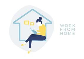 Woman sitting in a house with a notebook computer in her hand Work from home concept vector