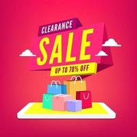 Clearance Sale 70 percent off percent with shopping bag on mobile phone vector
