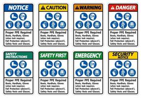 Proper PPE Required Boots Hardhats Gloves When Task Requires Fall Protection With PPE Symbols vector