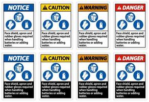 Face Shield Apron And Rubber Gloves Required When Handling Batteries or Adding Water With PPE Symbol vector