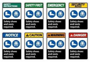 Se requieren zapatos y chaleco de seguridad con símbolos de ppe sobre fondo blanco.