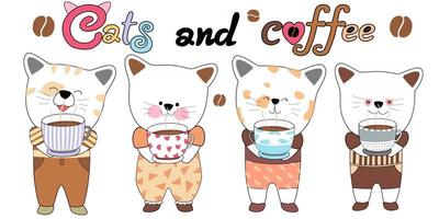 gatos y café diseñados con estilo doodle en tonos marrones y se pueden utilizar para diversos fines, como tarjetas, imágenes prediseñadas, llaveros, pegatinas, impresión digital, arte para niños, papel digital, bricolaje y más. vector