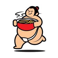 Cute sumo player carrying big bowl ramen noodle vector