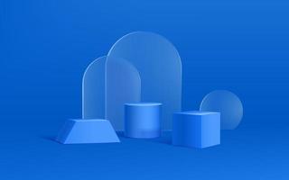 3d creative geometric shape with glass material in blue background for podium product display vector