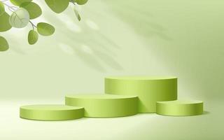 3d Green natural podium with leaves shadow light Realistic vector