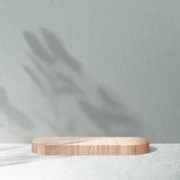 Wood rounded podium againts concrete wall with leaf shadow