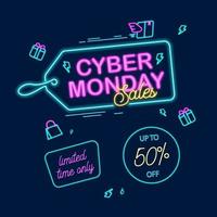 Cyber Monday banner concepto de lámpara de neón con etiqueta colgante, bolsa de compras e icono de paquete vector