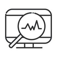 lupa de computadora de salud en línea cardiología de pulso icono de línea pandémica covid 19 vector