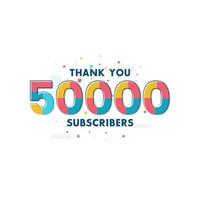 gracias 50000 suscriptores tarjeta de felicitación de celebración para 50k suscriptores sociales vector