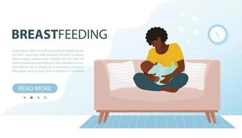 Concepto de lactancia materna afroamericana madre alimentando a un bebé con pecho en casa vector