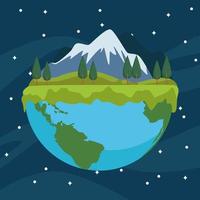 save the world environmental poster with earth planet and landscape at night vector