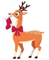 lindo ciervo navideño con lazo y calcetín vector