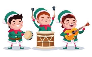 grupo de ayudantes de santa tocando instrumentos personajes vector