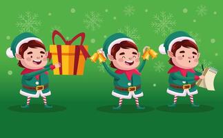 group of santa helpers with gift and bells characters vector