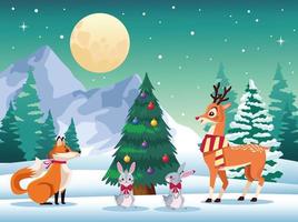 lindos animales alrededor del árbol de navidad en el paisaje nevado vector