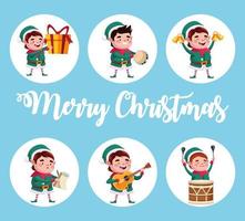 group of santa helpers characters with gifts and instruments vector