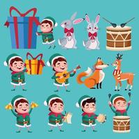 group of santa helpers characters with animals and instruments vector