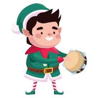 lindo personaje navideño de ayudante de santa tocando pandereta vector