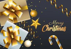 happy merry christmas golden lettering with gifts and confetti vector