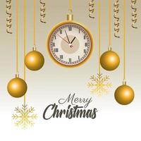 feliz navidad letras con reloj y bolas colgando vector