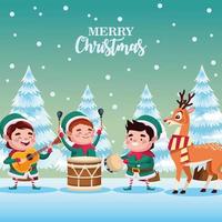 group of santa helpers playing instruments and deer characters vector