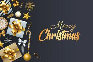 happy merry christmas golden lettering with gifts and decorative icons vector