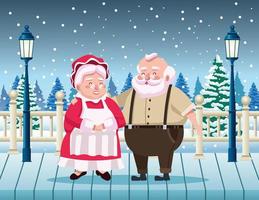 lindo santa claus y esposa en la escena del paisaje nevado vector