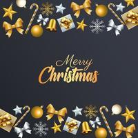 Feliz navidad letras doradas con marco de iconos decorativos vector