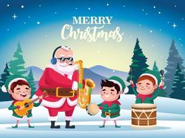 cute santa claus and helpers playing instruments scene vector