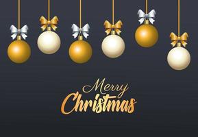 happy merry christmas golden lettering with balls hanging vector