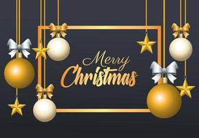 happy merry christmas golden lettering with balls and stars hanging vector