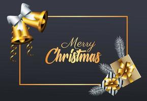 happy merry christmas golden lettering with gifts and bells in square frame vector