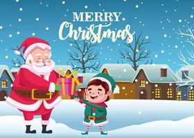 cute santa claus and helper with gift in snowscape scene vector