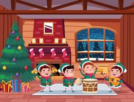 group of santa helpers playing instruments in the house vector