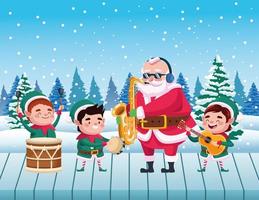 cute santa claus and helpers playing instruments snowscape scene vector