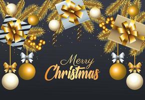 happy merry christmas golden lettering with balls and gifts vector