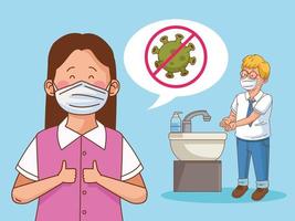 covid preventive at school scene with student boy and teacher washing hands vector