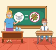 covid preventive at school scene with teacher and student boy in classroom vector