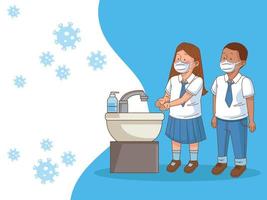 Covid preventivo en la escena escolar con pareja de estudiantes lavándose las manos vector